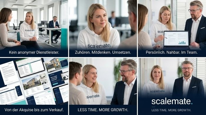 scalemate Storyboard: Kein anonymer Dienstleister. Zuhören. Mitdenken. Umsetzen. Persönlich, nahbar, im Team. KI-generiertes Bild.